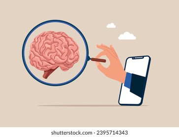 Analyst. Hand stepping out of the mobile phone screen holding magnifying glass zoom and looking at the cerebrum. Flat vector illustration