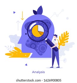 Analyst holding magnifier and analyzing pie chart and mechanism inside giant human head. Concept of business analytics, analytical thinking, statistical analysis. Modern flat vector illustration.
