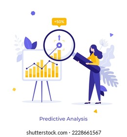 Analyst looking looking at bar chart on whiteboard through magnifying glass and making prediction. Concept of predictive financial analysis, business analytics. Flat vector illustration for banner.