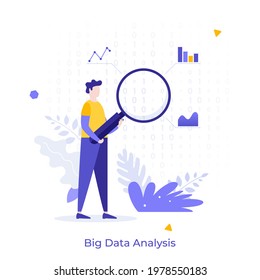 Analyst looking at digits and diagrams through magnifying glass. Concept of big data analysis, business analytics, statistical research. Modern flat colorful vector illustration for banner, poster.