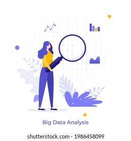 Analyst looking at digits and diagrams through magnifying glass. Concept of big data analysis, business analytics, statistical research. Modern flat colorful vector illustration for banner, poster.