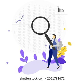 Analista observando dígitos y diagramas a través de lupa.Eps10