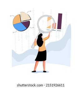 Analyst looking at digits and diagrams through magnifying glass. Concept of big data analysis, business analytics, statistical research. Modern flat colorful vector illustration for banner, poster.