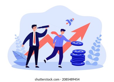 Analyst looking future potential profit through telescope. Team of tiny people with growth of graph arrow flat vector illustration. Success concept for banner, website design or landing web page