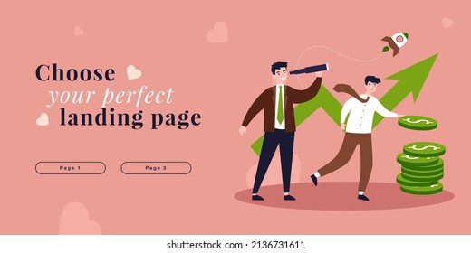 Analista buscando beneficios potenciales futuros a través del telescopio. Equipo de gente diminuta con crecimiento de ilustración de vector plana de flecha gráfica. Concepto de éxito para banner, diseño de sitios web o página web de inicio