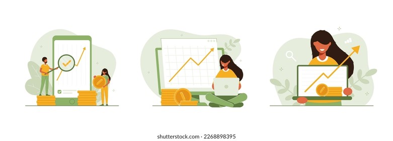 El analista parece un gráfico del crecimiento de las ganancias. Conjunto de análisis de datos de marketing. Informe de beneficios empresariales. Inversión exitosa de capital o dinero. Ilustración vectorial moderna de color plano para pancarta, afiche.