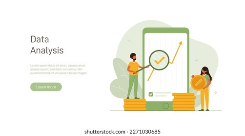 Analyst looks graph of earnings growth. Marketing data analysis. Business profit report. Successful investment of capital or money. Modern flat colorful vector illustration for banner, poster.
