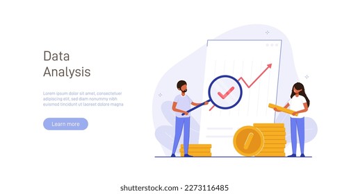 Analyst looks graph of earnings growth. Marketing data analysis. Business profit report. Successful investment of capital or money. Modern flat colorful vector illustration for banner, poster.