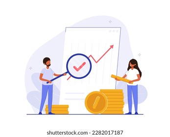 Analyst looks graph of earnings growth. Marketing data analysis. Business profit report. Successful investment of capital or money. Modern flat colorful vector illustration for banner, poster.