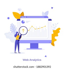 Analyst with loupe looking at diagram or trend on computer screen. Concept of web analytics, statistical analysis of internet data, online statistics. Modern flat vector illustration for poster.