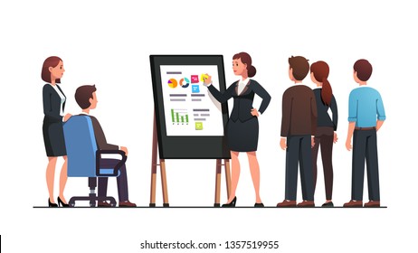 Analyst manager woman presenting business analysis data to superior executive or director boss man and staff. Consultant doing black board diagram presentation. Flat vector character illustration