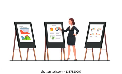 Analyst manager woman presenting business analysis data on black board easels with white sheets. Consultant doing black board diagram & graph presentation. Flat vector character illustration