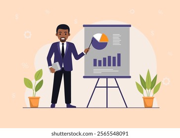 Analyst office worker stands in front of a banner and conducts analysis, presentation of his work. Financier presents analysis of changes. Financial growth. Vector illustrations. Flat design