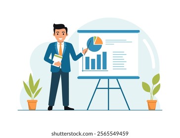 Analyst office worker stands in front of a banner and conducts analysis, presentation of his work. Manager. Financier presents analysis of changes. Vector illustrations on a white background. Flat des