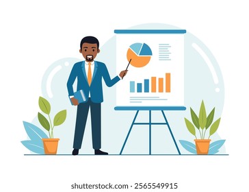 Analyst office worker stands in front of a banner and conducts analysis, presentation of his work. Manager. Financier presents analysis of changes. Vector illustrations on a white background. Flat des