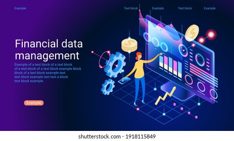 Analyst on management process. analytics dashboard. Charts key server statistic, performance indicators concept.  Flat isometric Vector illustration.