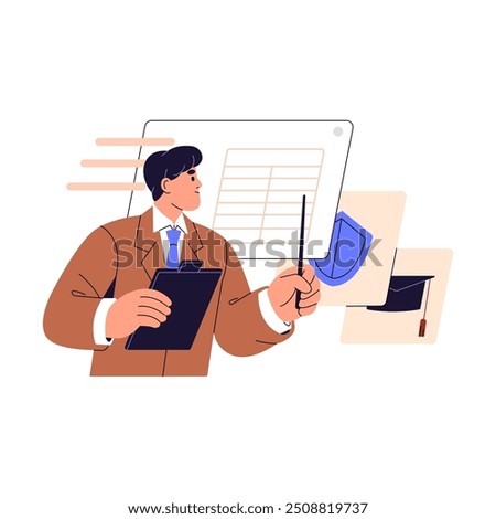 Analyst presents business report concept. Employee does analysis. Office worker pointing with stick at data in tables. Man shows presentation. Flat isolated vector illustration on white background