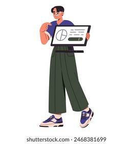 Analyst presents business report on computer monitor. Researcher shows, displays analysis. Employee pointing finger on diagrams, charts, graphs on screen. Flat isolated vector illustration on white.