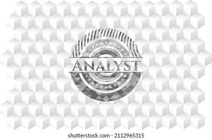 Analyst realistic grey emblem with cube white background. 