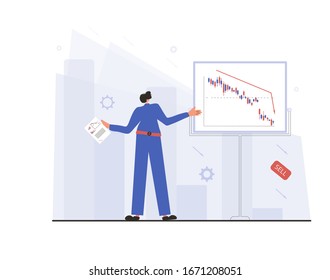 Analyst Report. Invest in the company's bonds. Minor shareholder get a report about stock market crash. Man presentation about collapsing stock prices. Vector flat color illustration.