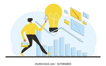 Analyst Report. Invest in the company's bonds. Minor shareholder reading a report about stock market crash. Man get a bad news about collapsing stock prices. Vector flat color illustration.