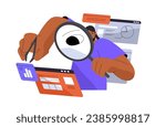 Analyst researches website, measuring kpi, metrics, data concept. Explorer make UX exploration. Researcher with magnifier create diagram. Online business. Flat isolated vector illustration on white