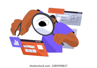 Analyst researches website, measuring kpi, metrics, data concept. Explorer make UX exploration. Researcher with magnifier create diagram. Online business. Flat isolated vector illustration on white