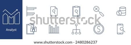 Analyst set icon. Bar chart, document, clipboard, data, money, hierarchy, graph, smartphone, coin, report. Business, finance, analysis concept.