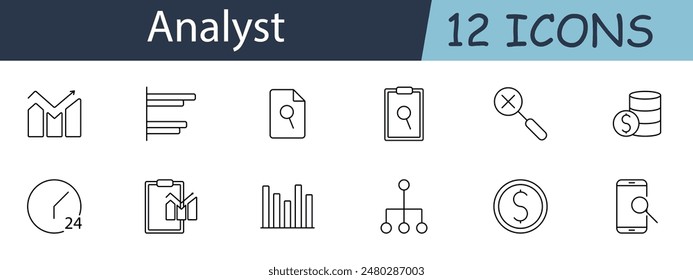 Analyst set icon. Graph, bar chart, report, clipboard, magnifying glass, dollar coins, clock, statistics, hierarchy, financial, smartphone, analysis. Data analysis concept. Vector line icon