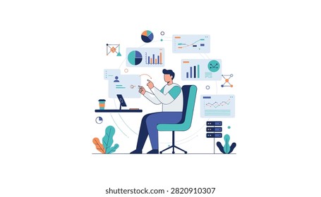 Analyst sitting at a desk reviewing complex financial graphs and digital data panels.