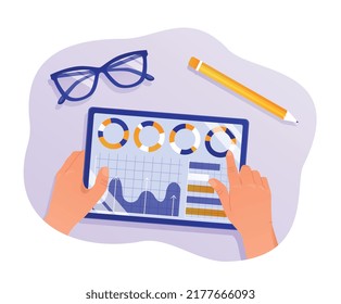 Analyst with statistics. Character evaluates graphs, diagrams and charts, looks at infographics. Estimation of income and expenses of company, marketing research. Cartoon flat vector illustration