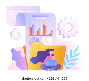Analyst with statistics. Woman with laptop sits in front of folder with graphs, diagrams and charts. Working with statistics and analytics, marketing research. Cartoon flat vector illustration