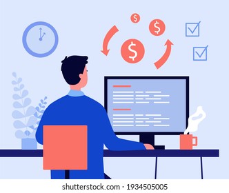 Analyst studying financial report on computer. Currency, finance, business charts. Flat vector illustration. Banking, investments concept for banner, website design or landing web page