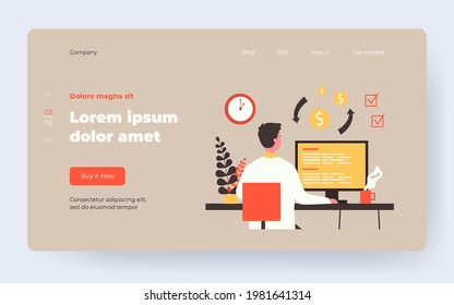 Analyst studying financial report on computer. Currency, finance, business charts. Flat vector illustration. Banking, investments concept for banner, website design or landing web page