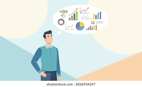 Analyst thinking about various types of data charts and graphs to strategically plan business performance metrics.