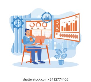 An analyst uses a dual-screen computer. Analyze business data and data management with KPIs. Business analysis concept. Flat vector illustration.