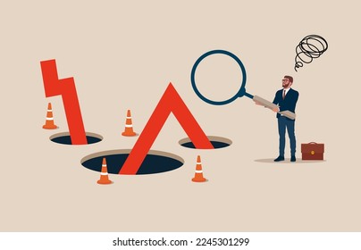 Analyst using a magnifying glass to see the stock market crash falling. Flat vector illustration.