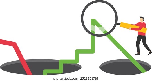 Analyst using a magnifying glass to see the stock market crash falling. Flat vector illustration.

