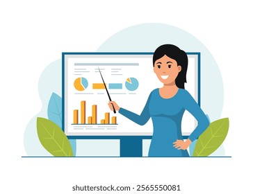 Analyst woman. Manager stands in front of a banner and conducts analysis, presentation of her work. Financier presents analysis of changes. Vector illustrations on a white background. Flat design