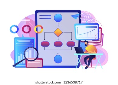 Analyst Working At Laptop With Automation Process. Business Process Automation, Business Process Workflow, Automated Business System Concept. Bright Vibrant Violet Vector Isolated Illustration