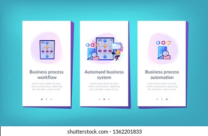 Analyst working at laptop with automation process. Business process automation, business process workflow, automated business system concept. Mobile UI UX GUI template, app interface wireframe
