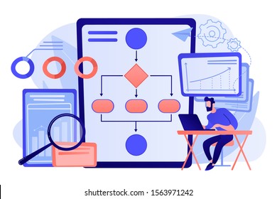 Analyst working at laptop with automation process. Business process automation, business process workflow, automated business system concept. Pink coral blue vector isolated illustration