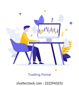 Analyst working on laptop computer with diagram on screen. Concept of website, online service or internet portal for stock exchange market trading. Modern flat colorful vector illustration for poster.