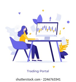 Analyst working on laptop computer with diagram on screen. Concept of website, online service or internet portal for stock exchange market trading. Modern flat colorful vector illustration for poster.