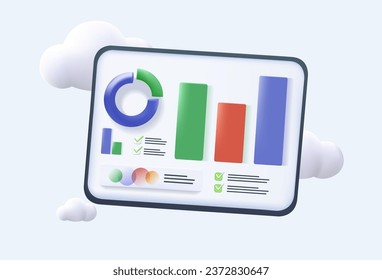 Analyst working on laptop computer with diagram on screen 3D. Concept of website, online service or internet portal for stock exchange market trading. Modern 3D flat colorful vector illustration