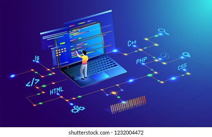 Analyst working on laptop, different programing languages with security bar code on glossy blue background for Web development concept.