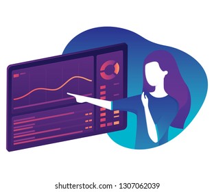The analyst works, displays statistics, graphs and charts on the screen.