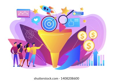 Analysts analyzing market. Selling strategy, lead generation. Marketing funnel, product marketing cycle, advertising system control concept. Bright vibrant violet vector isolated illustration