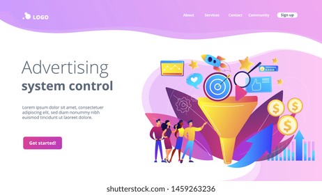 Analysten analysieren den Markt. Verkaufsstrategie, Lead Generation. Marketing-Trichter, Produktmarketing-Zyklus, Werbesystemsteuerung. Website Startseite Landing Web Page Template.