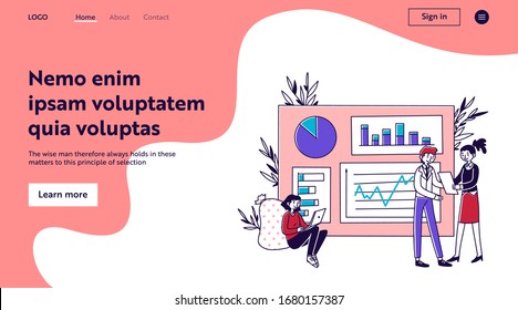 Analysts developing marketing strategy.vector illustration. Employees analyzing statistics. Office workers studying infographic on dashboard. Marketing research, data analytics